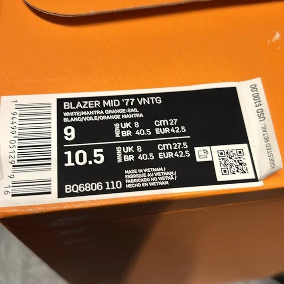 Nike Blazer Mid ‘77 Vintage Mens 9 Women’s 10.5 Orange-White-Sail - Picture 8 of 8